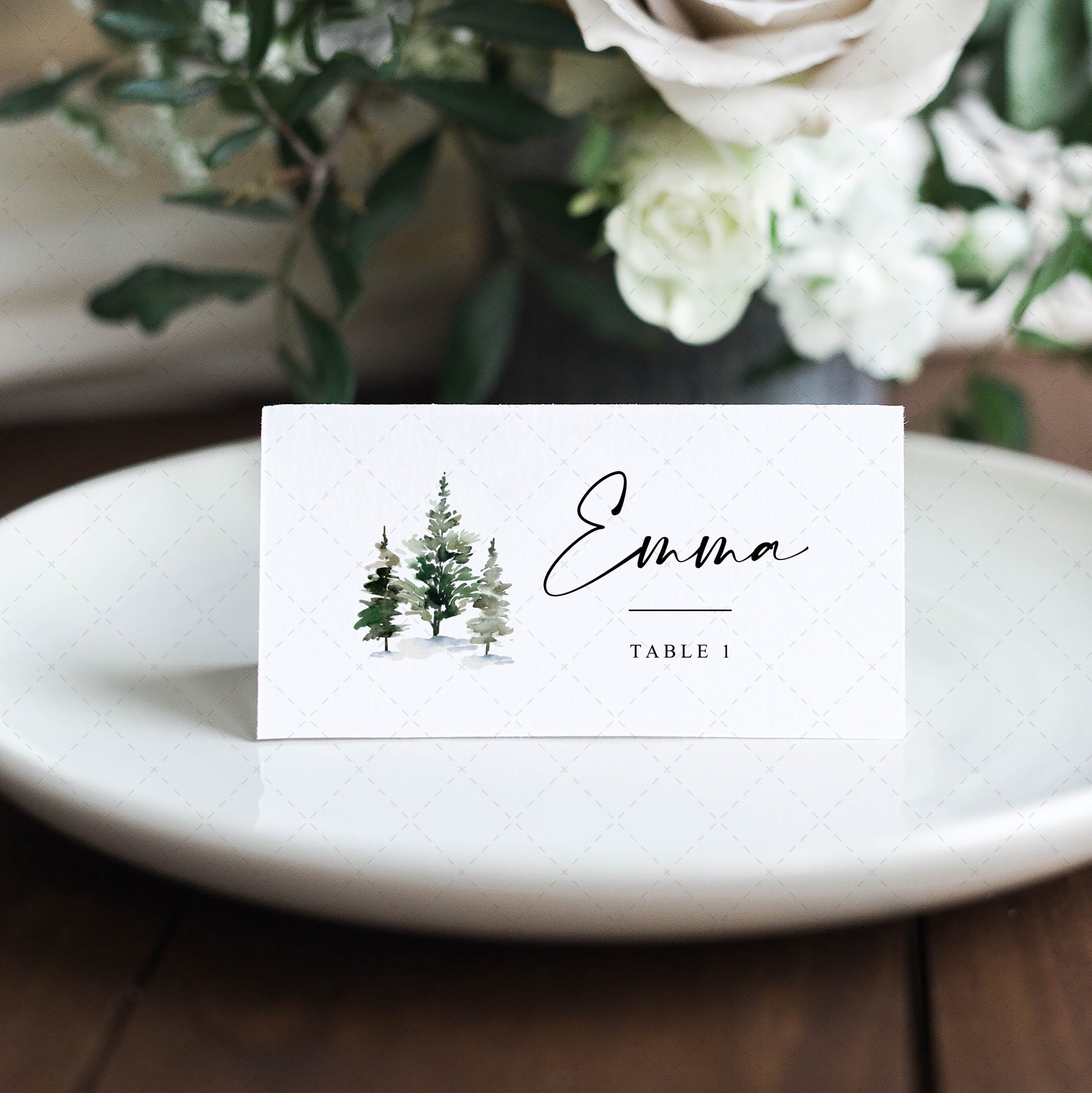 Pine Tree Place cards Template, Winter Forest Printable Place cards, Woodland place card holder, Editable cards name INSTANT DOWNLOAD P20