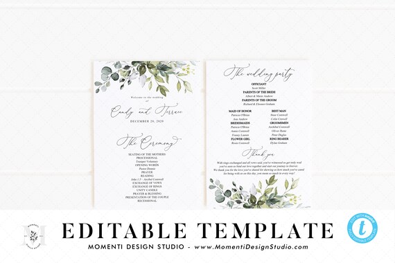 Wedding Ceremony Program Template \u2022 Editable 4x9 Calligraphy /& Watercolor \u2022 Floral Watercolor \u2022 Printable \u2022 Try before you buy \u2022 Templett