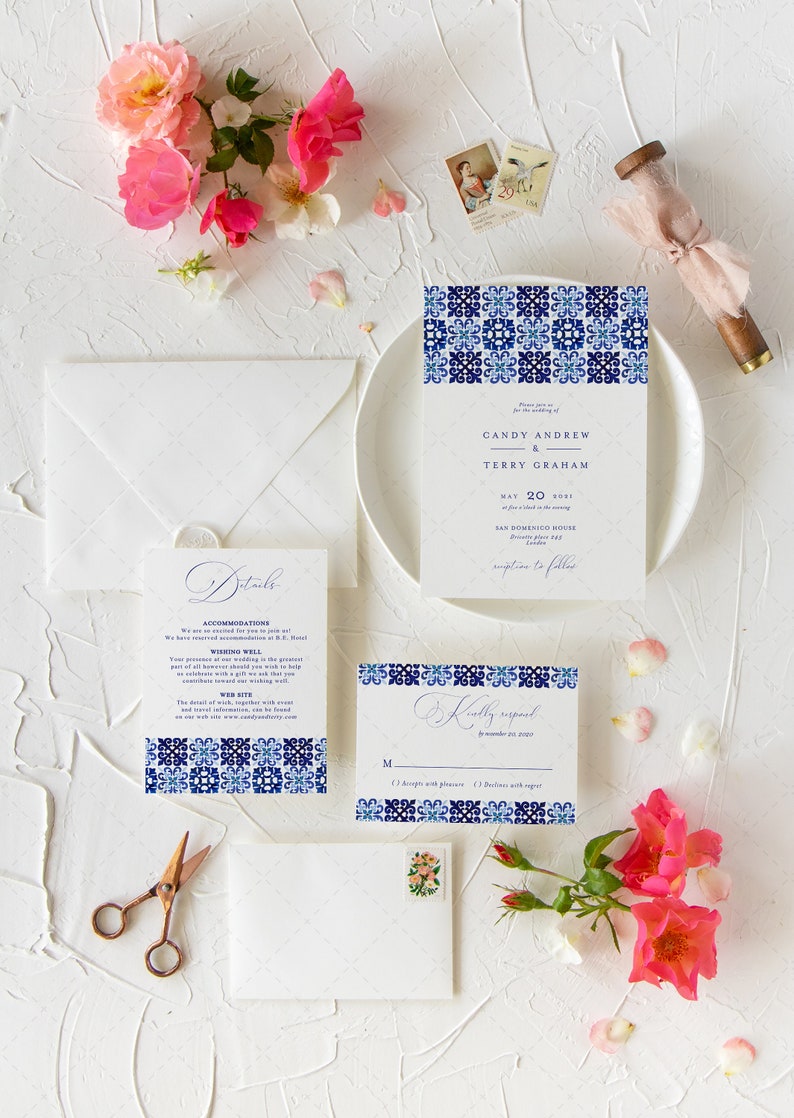 Italian Blue Tile Wedding Invitation, Portuguese Tiles Watercolor invitation Template, Mediterranean Tiles Invitation, INSTANT DOWNLOAD MJ20 image 1