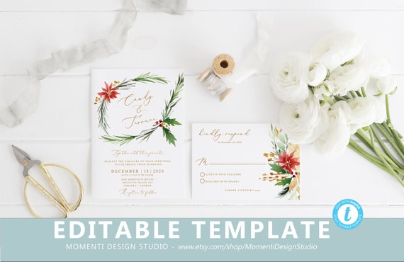 Christmas Wedding Invitation Template Snowflakes Gold Diy Winter Printable Invite Template Editable Templett Instant Download