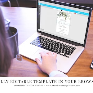 May include: A person using a laptop to edit a wedding invitation template. The invitation features a watercolor design with greenery and the text "Carly & John" and "Forever & Always".