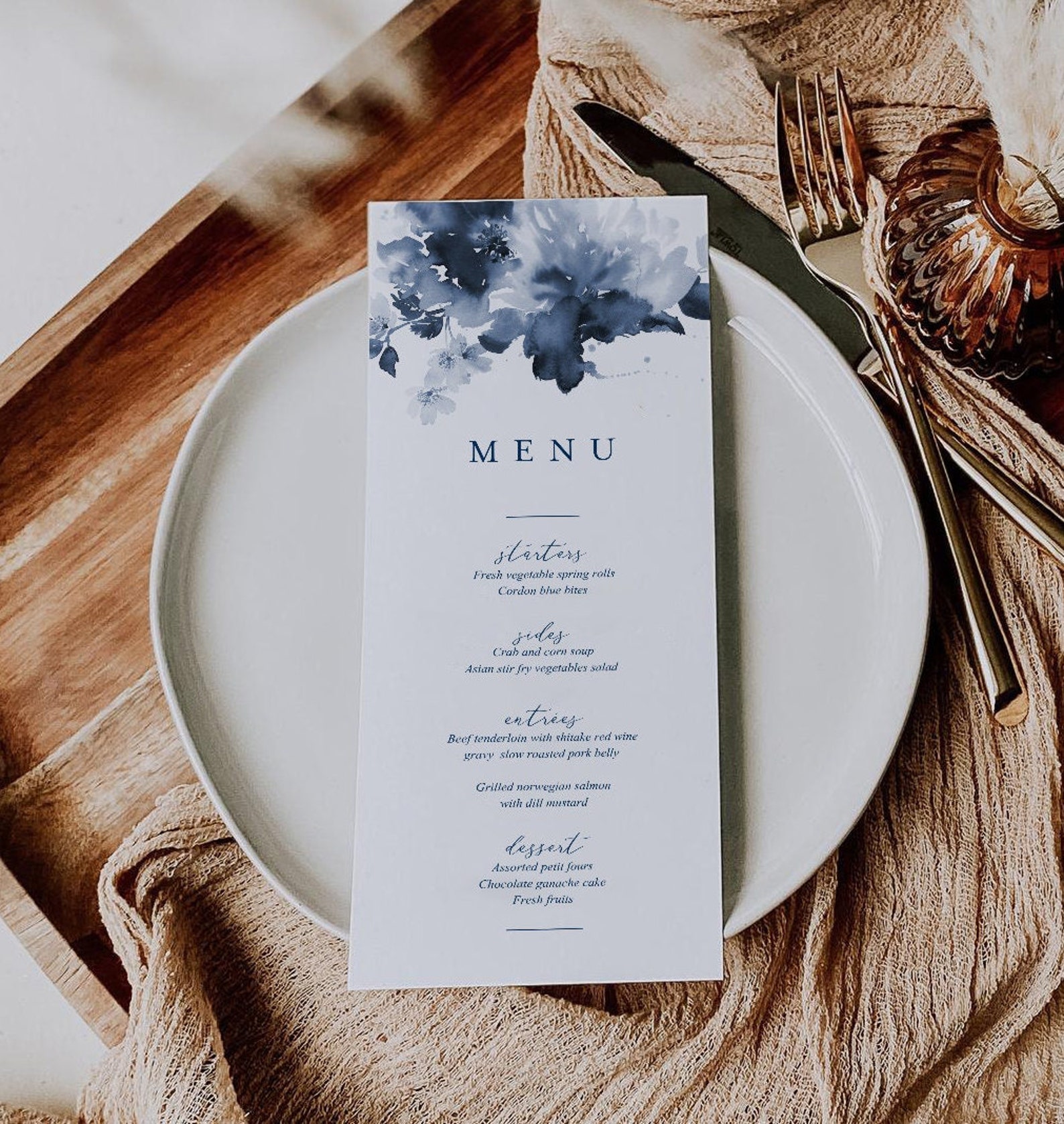 Blue Menu Template, Blue Wedding Menu Cards Template, Watercolor Menu ...