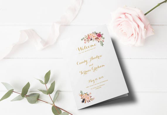 wedding program template folded blush gold boho wedding etsy half fold program paper
