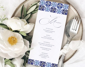 Blue Tile Menu Template, Italian Tile Wedding Menu Template, Portuguese Tile Menu, Printable Mediterranean Menu, INSTANT DOWNLOAD MJ20