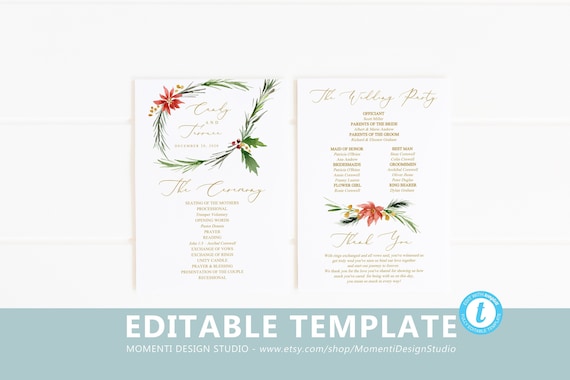 christmas wedding program template winter wedding program etsy