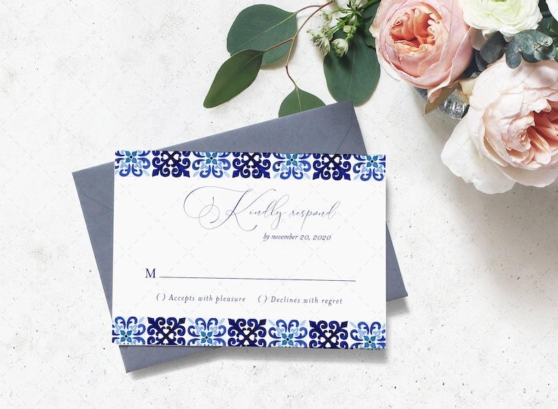 Italian Blue Tile Wedding Invitation, Portuguese Tiles Watercolor invitation Template, Mediterranean Tiles Invitation, INSTANT DOWNLOAD MJ20 image 2