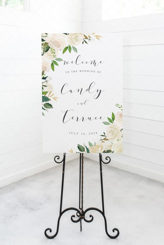 Wedding Welcome Sign Printable Garden White Cream Roses Etsy