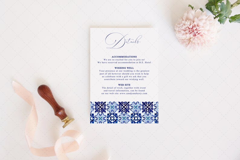 Italian Blue Tile Wedding Invitation, Portuguese Tiles Watercolor invitation Template, Mediterranean Tiles Invitation, INSTANT DOWNLOAD MJ20 image 5