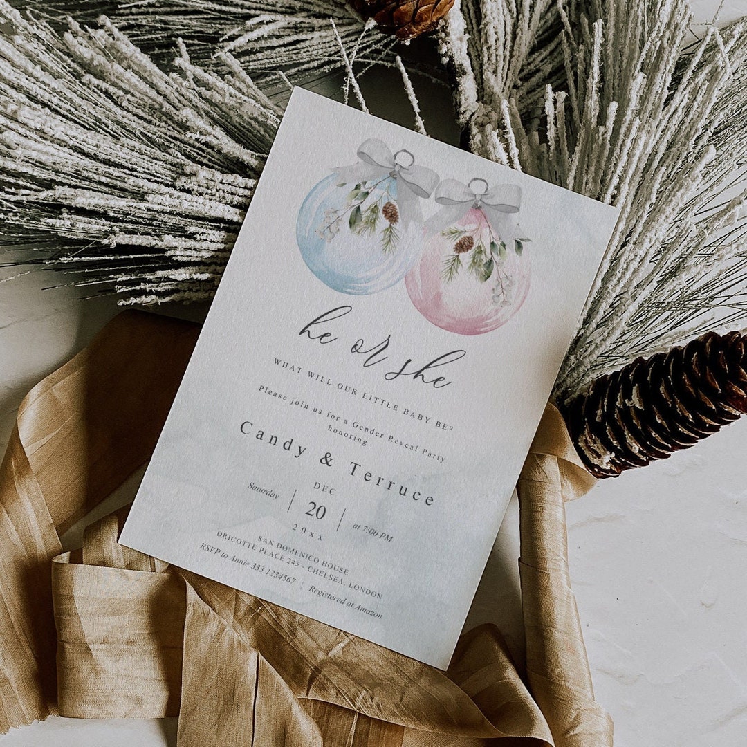 Christmas Gender Reveal Invitation, Winter Gender Reveal Party, He or ...