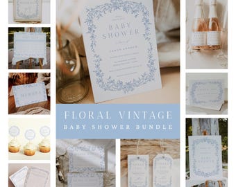 Blue Toile Baby Shower Bundle, Vintage Chinoiserie Baby Shower Bundle, Blue Vintage Toile Baby Shower Bundle, Canva Template TJ1