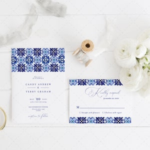 Italian Blue Tile Wedding Invitation, Portuguese Tiles Watercolor invitation Template, Mediterranean Tiles Invitation, INSTANT DOWNLOAD MJ20 image 3