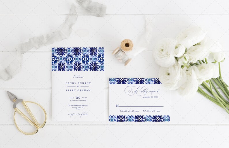 Italian Blue Tile Wedding Invitation, Portuguese Tiles Watercolor invitation Template, Mediterranean Tiles Invitation, INSTANT DOWNLOAD MJ20 image 3