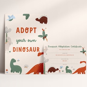 Adopt your own Dinosaur Template, Adopt a Dinosaur sign and card, Dinosaur Sign and Adoption Certificate, Jurassic 1st Birthday Party, DN1