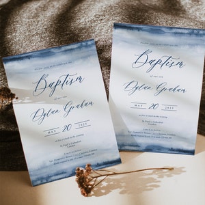 Blue Watercolor Baptism Invitation Template, Christening Invitation Template, Blue Watercolor Dedication Boy Invitation, Einladung Taufe