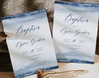 Blue Watercolor Baptism Invitation Template, Christening Invitation Template, Blue Watercolor Dedication Boy Invitation, Einladung Taufe