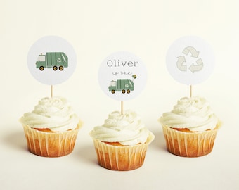 Modèle de topper de cupcake de camion à ordures, topper de cupcake de fête d’anniversaire de recyclage, topper d’anniversaire de Trash Bash, fête d’anniversaire de toppers verts GB1