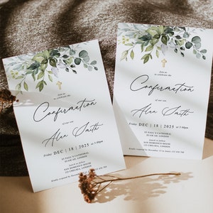 Modelo de convite de confirmação, convite editável de confirmação para impressão com vegetação dourada, modelo de convite de confirmação católica, G23