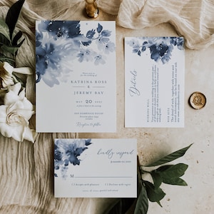 Blue Wedding invitation Template, Floral Classic Blue Editable Invitation Template, Navy Watercolor invitation Template INSTANT DOWNLOAD B20