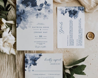 Blue Wedding invitation Template, Floral Classic Blue Editable Invitation Template, Navy Watercolor invitation Template INSTANT DOWNLOAD B20