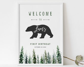 Modèle de panneau de bienvenue Happy Camper Wild First Birthday, Adventure Awaits Printable Boy Birthday Welcome Sign, Bear 1er anniversaire - WB20