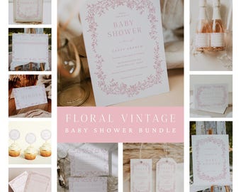 Pink Chinoiserie Baby Shower Bundle, Vintage Floral Toile Baby Shower Invitation, Pink Toile Baby Shower Bundle, Canva Template TJ2