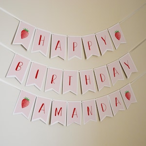 Modèle de bannière de joyeux anniversaire à la fraise, drapeaux de premier anniversaire de bébé modifiables, joyeux 1er anniversaire, bannière de 1er anniversaire à la fraise, ST22