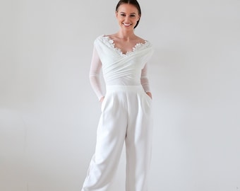 Combinaison pantalon mariage civil. Robe de mariée alternative, drapée et dentelle. Tenue moderne mariage civil, brunch, combi-pantalon