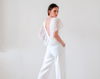 Combinaison pantalon mariage civil. Robe de mariée alternative dos nu en dentelle. Tenue moderne mariage civil, brunch, combinaison