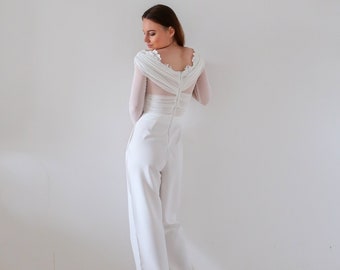 Combinaison pantalon mariage civil. Robe de mariée alternative, drapée et dentelle. Tenue moderne mariage civil, brunch, combi-pantalon