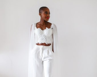 Separate top and pants set for contemporary and modern brides. Long sleeve veil Alternative sophisticated civil wedding.