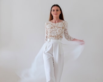 Combinaison pantalon en dentelle pour mariée contemporaine et moderne avec traîne amovible. Alternative sophistiquée mariage civil