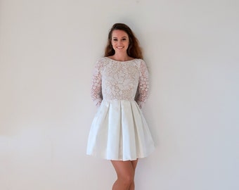 Short skirted wedding dress in silk, lace, backless. Civil wedding dress with 3/4 sleeves. Short wedding dress, modern elopement outfit