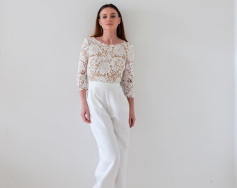 Combinaison pantalon en dentelle pour mariée contemporaine et moderne. Alternative sophistiquée à la robe traditionnelle. Mariage civil look