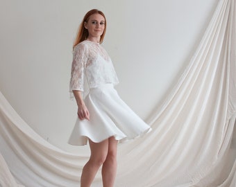 Short civil wedding dress, lace blouse, skater skirt. Cheap wedding dress Town Hall. Civil ceremony