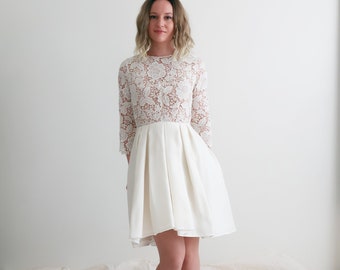 Short wedding dress with silk skirt, lace, backless. Civil wedding dress with 3/4 sleeves. Short wedding dress