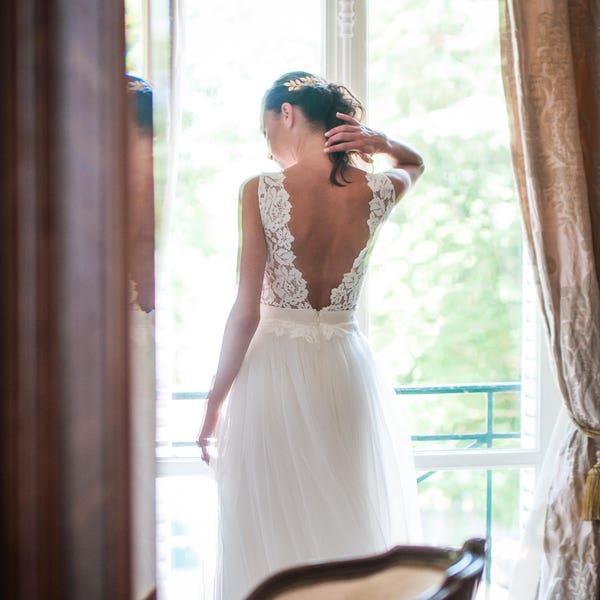 KYLIE // Robe de mariée en dentelle, dos nu. Jupe longue en tulle. Tutu. Robe romantique, bohème. Mariage tutu et dentelle sur mesure