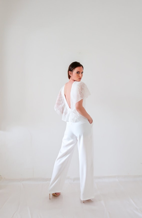 Traje pantalon de boda civil. Vestido de novia alternativo de encaje sin espalda. Traje de boda civil moderno brunch mono Etsy Espana