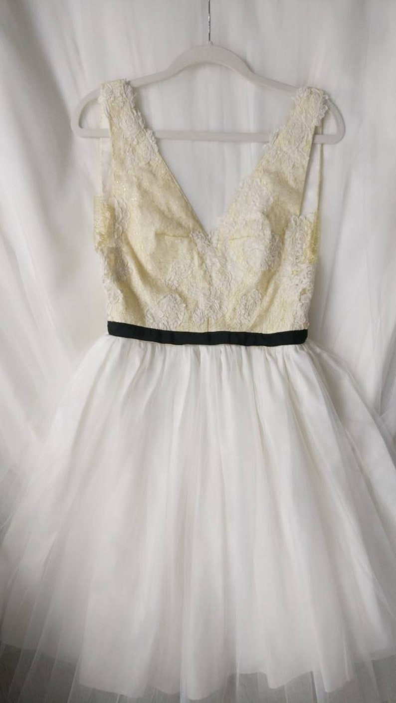 FaithCauvain – White tutu evening dress and lace. Short skirt in tulle, black ribbon. Bare back. Civil marriage color Mariage Civil ETSY