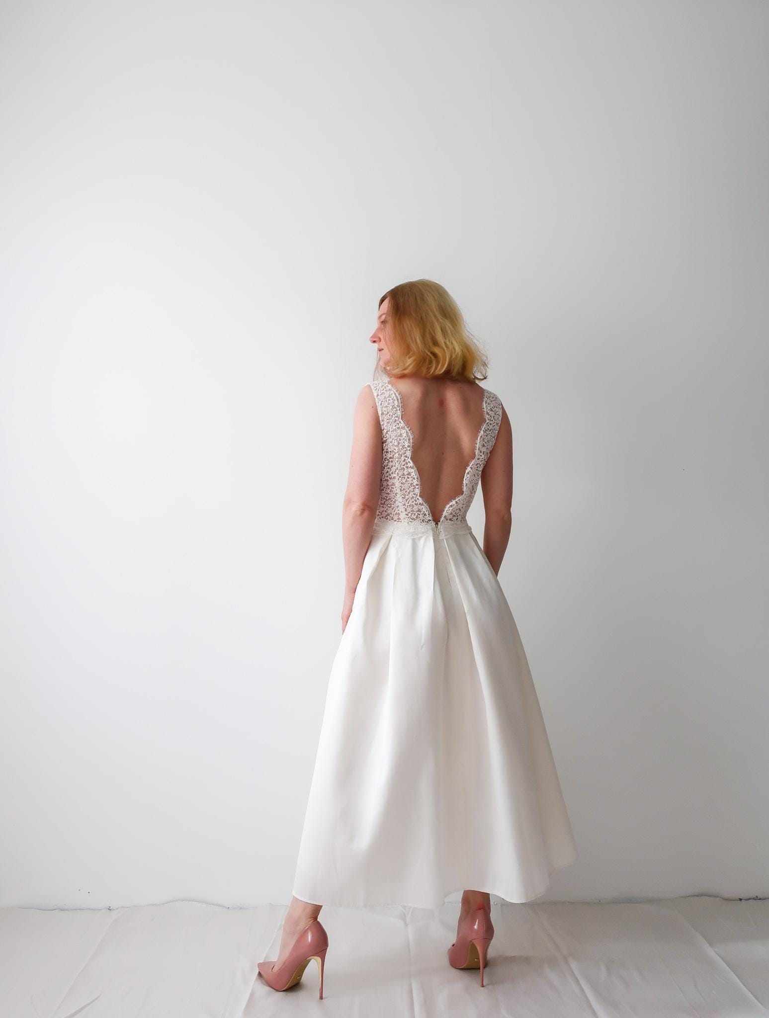 backless tea length wedding dress Stacees 2026 Elegant Off-the-Shoulder Tea-Length Reception Wedding Dress with Pockets
