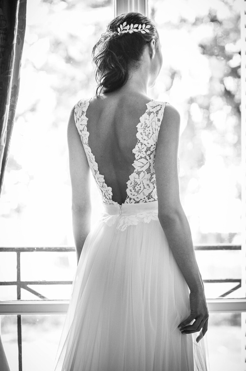 Robe De Mariée En Dentelle Dos Nu Et Jupe En Tulle Avec Traine Mariage Tutu Robe Romantique Guipure Sur Mesure