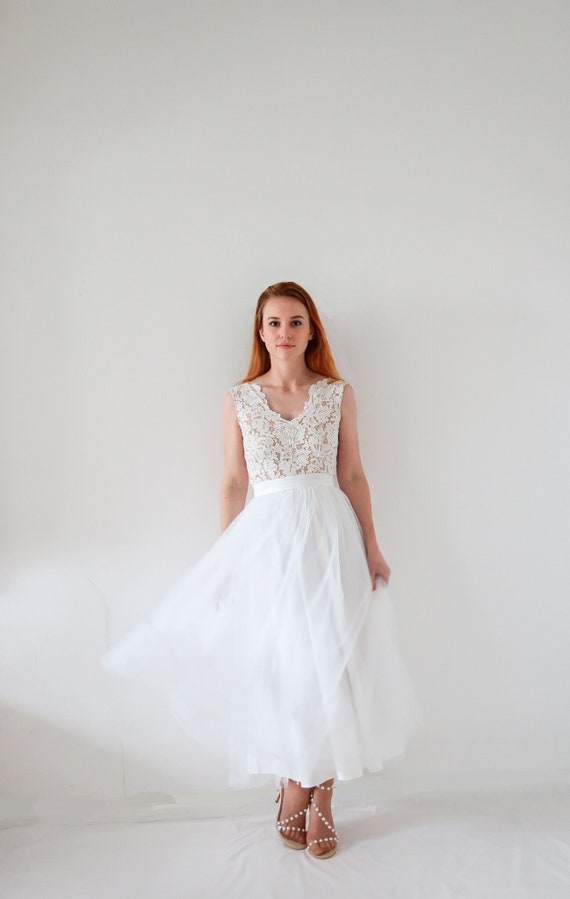 Vestido de novia tutu hasta el tobillo. Top de encaje con gran espalda abierta. Lazo bailarina falda midi de tul. Vestido de novia de ceremonia secular Etsy Espana
