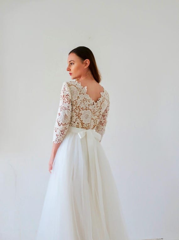 Romantic Bridal Gown - Guipure Lace Bodice & Tulle Tutu Skirt - Custom Size. Handmade Boho Wedding Dress