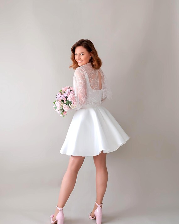 Short Backless Skater Dress for Civil Wedding + Separate Floral Lace Blouse  | Simple & Elegant Intimate Wedding Skirt Set. Dress and Top Set - Etsy  Canada