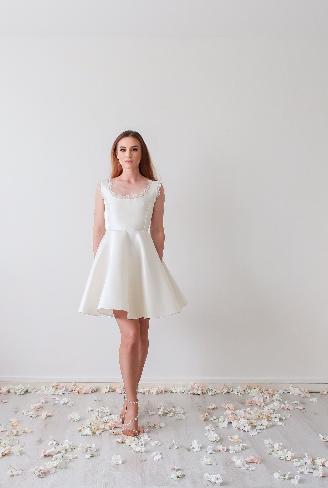 white engagement dress short Square Neck White Satin Short Wedding Dress with Bow Back and Veil