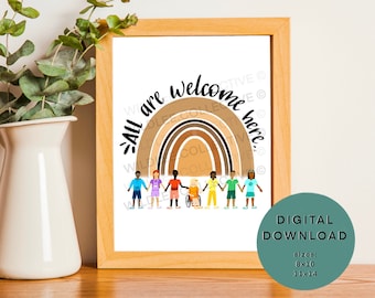 All Are Welcome Here | Diversity Art | Elementary Class Decor | Classroom Artwork | Digital Download | Rainbow Print | Kindness Print