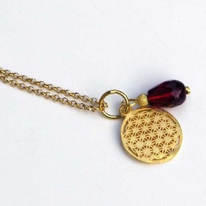 Necklace, Flower of Life in Gold,Red Crystal Drop image 1