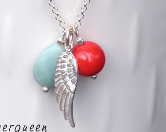 Chain, wings with coral, amazonite in silver