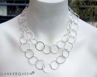 Long necklace with ring elements, silver jewelry,