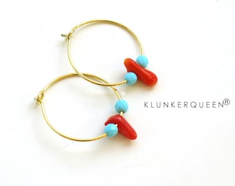 Earrings, Creoles, Gold meets Bamboo coral and turquoise