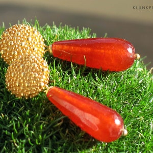 Earrings, red meets gold, drop earrings with orange agate